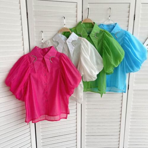 SINGREINY Women Chic Korean Blouse Design Diamond Turndown-Collar Lantern Sleeve Tops Summer Casual Fashion Streetwear Blouses