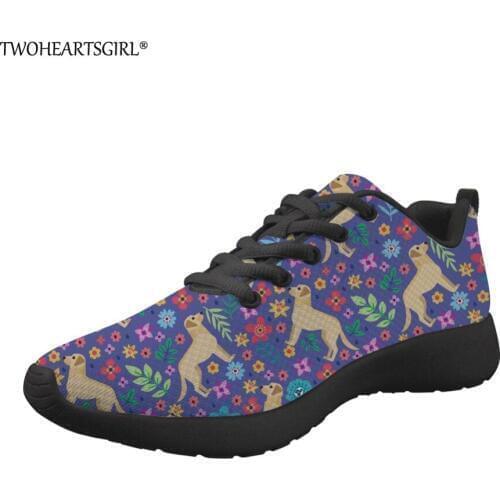 Twoheartsgirl Teenage Girls Flats Shoes Labrador Floral Prints Trendy Womens Sneakers Comfortable Ladies Jogging Lace Up Shoes