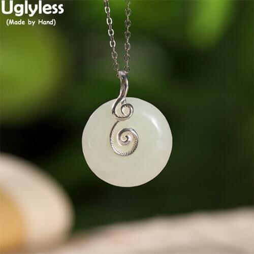 Uglyless China Chic Peace Buttons Necklaces for Women Natural Jade Gemstones Pendants NO Chains 925 Silver Vines Ethnic Jewelry