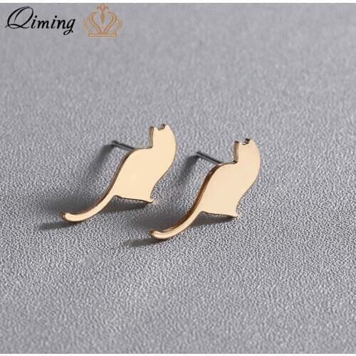 QIMING Gold fashion Lovely Cat Sliver Stud Earrings Women Fashion Party Jewelry Pendientes Brincos Stud Earring Girls Gift