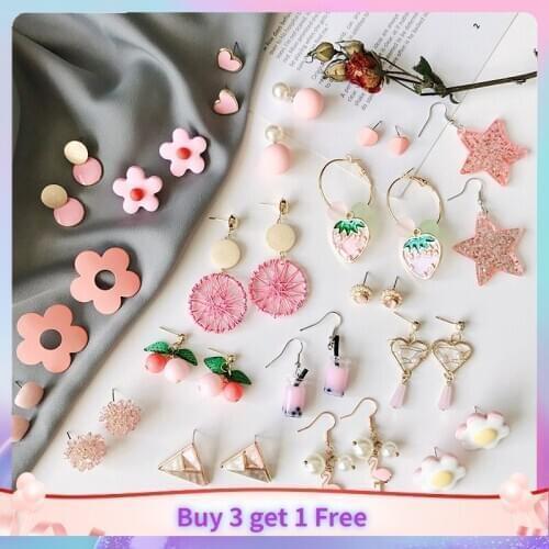 New Artificial Pearl Tassel Earrings Simple Flower Pink Korea Style Ear stud For Women Girl Party Wedding Jewelry Gift E021