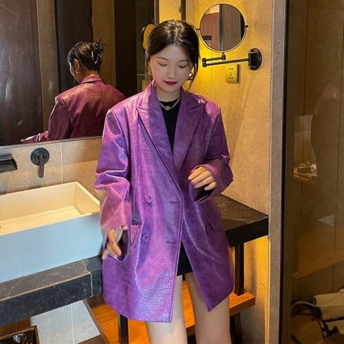 Korean Women Loose Purple Faux Pu Leather Blazers Women Spring Fall Casual Turndown Collar Long Sleeve Streetwear Female Outwear