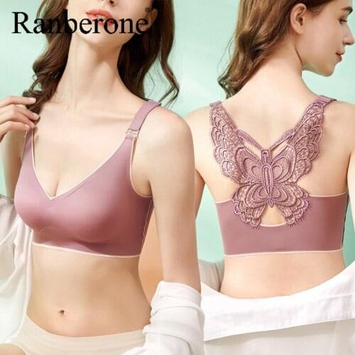 Ranberone Women Seamless Bras Plus Size Bra Push Up Women Bra Latex With Pad Vest Top Sexy Butterfly Beauty Back Female Yoga Bra