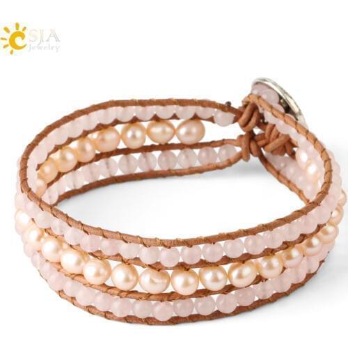 CSJA Natural Stone Braided Bracelets Pink Crystal Freshwater Pearls Beaded Leather Wrap Bracelet for Women Handmade Jewelry S562