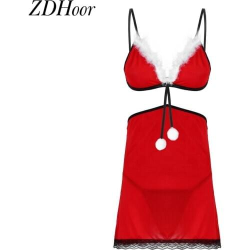 Ladies Hot Sexy Christmas Lingerie Set Womens Trim Babydoll Mini Dress Faux Fur Wireless Lace Bra Tops G-string Briefs Sleepwear