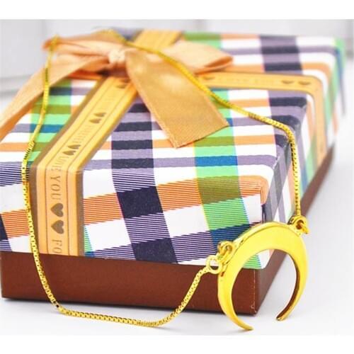 Gold Double Horn Necklace Box Chain Fashion Crescent Moon Pendent Women Lucky Jewelry