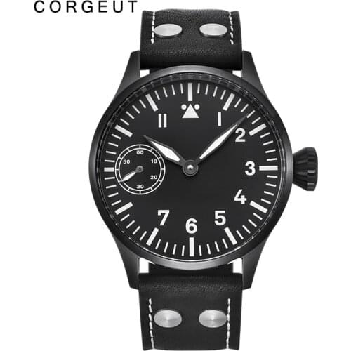 Corgeut44mm Black Case Spphire Glass Black Dial Luminous Waterproof Fashion Hand Winding 6497 Movement Mechanical Wristwatches