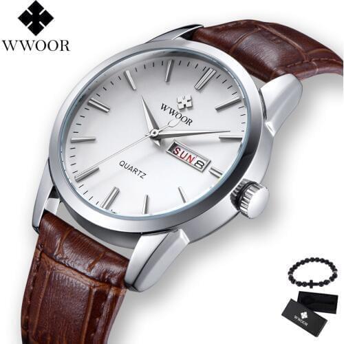 WWOOR Brand Luxury Sport Mens Watches Date Day Genuine Leather Strap Male Casual Quartz Business leisure watch Men Famous Clock