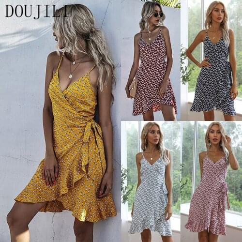 DOUJILI Hot Summer Dress Popular Small Printing Soft Sleeveless Backless Fashion Women Dress Holiday Dresses