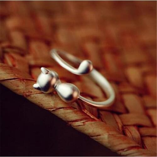 Fashion 925 Sterling Silver Cat Rings for Women Wedding Lovely Girls Jewelry Adjustable Ring b006