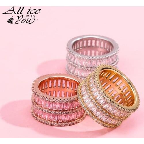 ALLICEONYOU Iced Out Micro Pave Cubic Zirconia Square Ring 2 Rows Hip Hop High Jewelry Quality Fashion Women Ring Luxury Gift