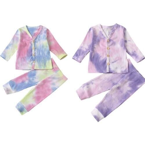 Toddler Baby Girls Boys Tie Dye Clothes Sets Girl V-neck Button Tops T-shirt and Pants Fashion Baby Girl Outfits 2Pcs Sets 0-24M