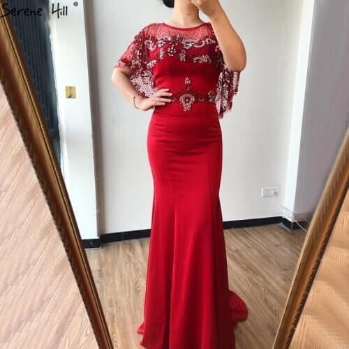 Red Mermaid Satin Sleeveless Sexy Evening Dresses 2020 Beading Diamond Bridal Toast Formal Dress Serene Hill LA70597