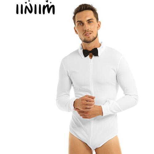 Mens Adult Modern Latin Dancewear Slim Fit Bodysuit Shirt with Bowtie Turn-down Collar Front Zipper Gymnastics Dance Costumes