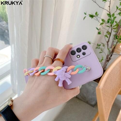 Cartoon Wrist Chain Soft Case For Samsung Galaxy A32 A52 A72 A42 A22 A12 A03S A82 M32 M62 Cover Cute Bear Silicone Cases
