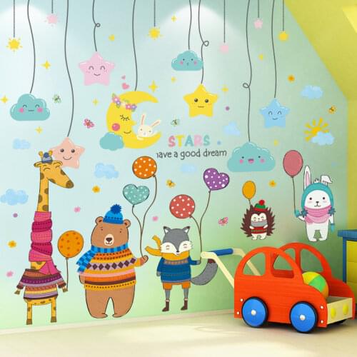 [shijuekongjian] Cartoon Animals Balloons Wall Stickers DIY Stars Moon Mural Decals for Kids Rooms Baby Bedroom House Decoration