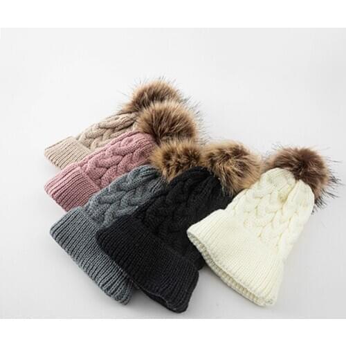 2020 New Lamb Faux Fur Knitted Hat Girls Beanies Autumn Winter Children Woolen Cap Dog Fur Ball Turn Kids Knitted Hat Ski Thick