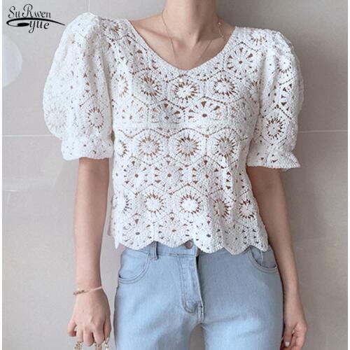 New Vintage Summer Tops Women Puff sleeve Hollow out shirt Female blusas mujer de moda 2020 Retro Perspective Lace blouse 9591