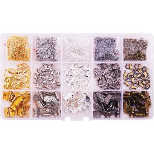 About 1400Pcs/Box Mixed Color Basics Class Lobster Clasp Iron Jump Rings Ribbon Ends for Jewelry Making Findings