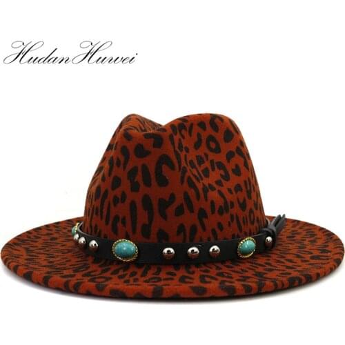 2020 Wholesale Fashion Leopard Printing Jazz Unisex Vintage Trilby Fedora Hats with Rivet Belt Panama Party Dress Hat