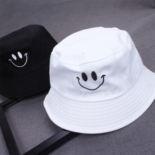1PC Women Smile Bucket Hat Double Sided Bucket Hat Smiling Face Unisex Fashion Bob Cap Hip Hop Gorro Men Summer Cap