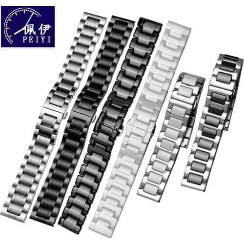 PEIYI 20mm 22mm Stainless and Ceramic watch band black white strap for Samsung Gear s3/S2/sport galaxy watch active2 bracelet