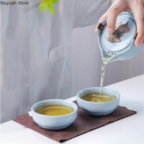 Portable One Pot and Two Cups Tea Set Chinese Ceramic Tea Set Travel Integrated Storage Outdoor Teapot Simple Mug Storage Bag