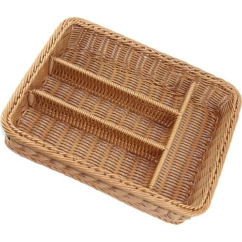 Imitation Woven Mesh Cutlery Storage Basket 4 Compartments Kitchen Forks Knifes Rattan Storage Tray Organizer