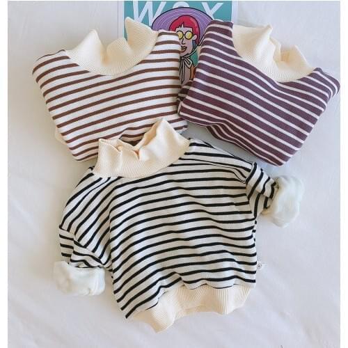 Girls Striped Tops 2021 Spring Autumn and Winter New Baby Small Half High Collar Warm Sweatshirt Korean Cotton Striped Pullovers