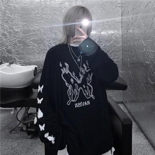 Streetwear oversize Hip hop dark Long sleeve women clothing Harajuku butterfly femme tshirts kpop aesthetic tops tee shirts топ