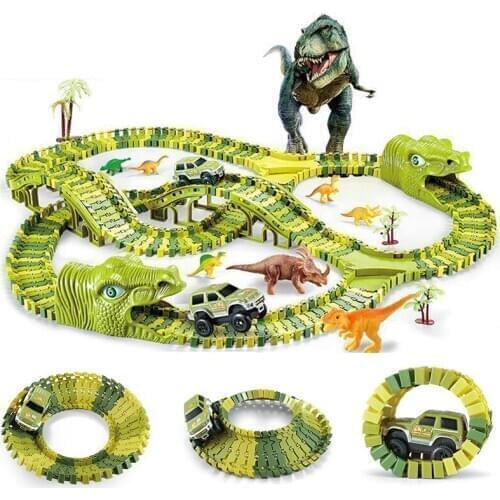 128-291pcs Dinosaur Railway Toy Car Racing Tracks DIY Bend Flexible Race Tracks Play Set Flash Light Car Toys For Children
