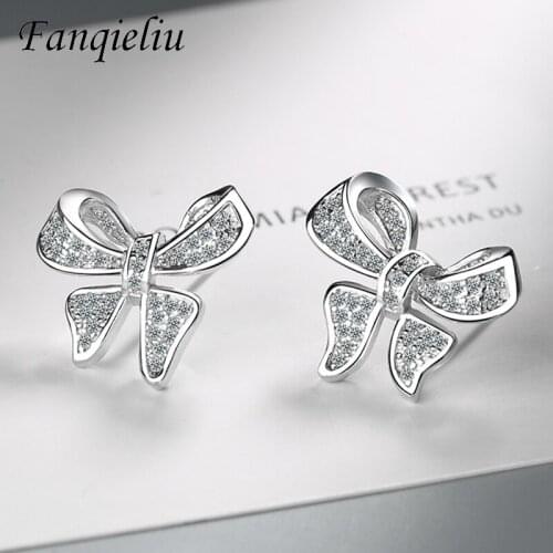 Fanqieliu Girls Jewelry Gift Cute Bow Crystal Solid 925 Sterling Silver Stud Earrings For Women FQL21258