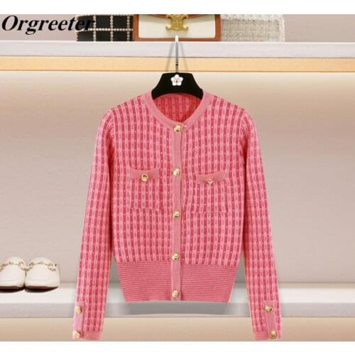 Korean Chic Sweet Pink Plaid Autumn Long Sleeve Sweater Cardigan Women 2021 New Fashion Short Sleeve Summer Knitwear Tops