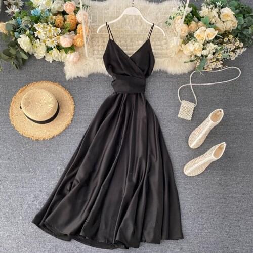 Elegant Sling Long Dress Women Solid color sleeveless Dresses 2021 Summer Korean Fashion Vintage Vestidos