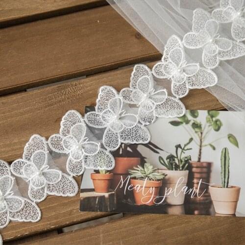 1 Yard Butterfly Embroidered Lace Trim Ribbon Pearl Beaded Applique DIY Sewing Craft Wedding Bridal Dress Decoration