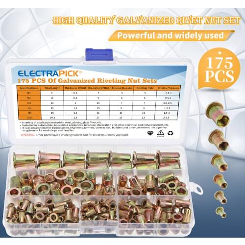 175/150/93/60pcs Carbon Steel Rivet Nuts M3 M4 M6 M8 M10 Rivetnuts Flat Head Rivet Nuts Set Riveting Nuts Insert Set