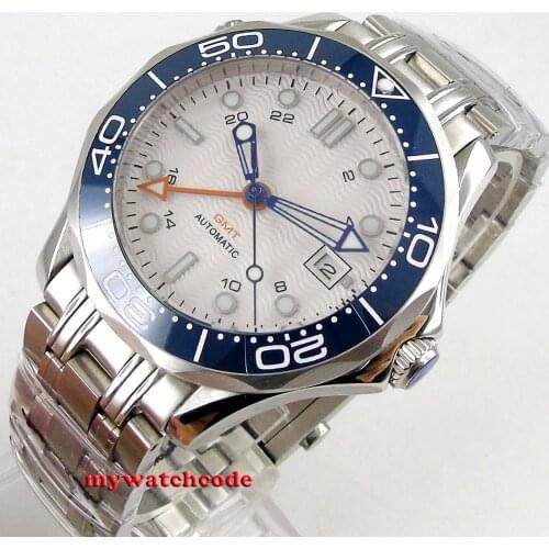 41mm bliger sterile white dial sapphire glasss bracelet GMT automatic mens watch
