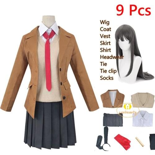 9 PCS Rascal Does Not Dream of Bunny Girl Senpa Cosplay Costume Mai Sakurajima Gray Wig School Girl Uniform Role Play Outfit
