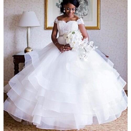 African Tiered Ruffles plus size ball gown wedding dresses robes de mariée with lace appliques