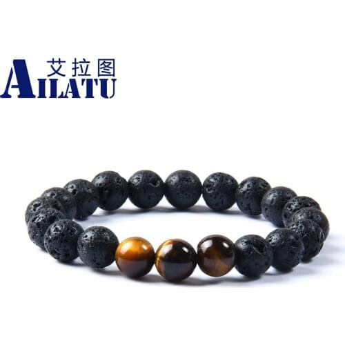 Ailatu Jewelry 10pcs/lot 10mm Lava Rock Stone Beads with Natural Yellow and Red Tiger Eye Stone Lucky Energy Bracelet