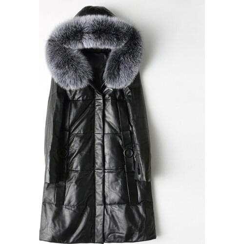 Free Shipping New Genuine Lamb Leather Jacket Long Womens Down Coat with Fox Fur hood edge Sheepskin Wholesale Retail OEM