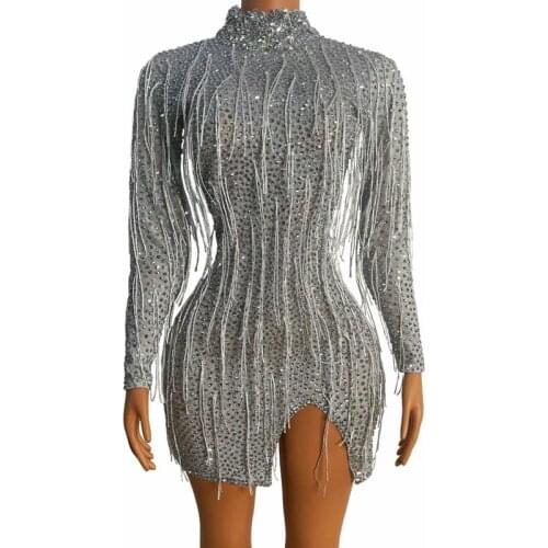 Sparkly Rhinestone Fringes Short Dress Women Sexy Split Birthday Prom Party Bodycon Dress Nightclub Singer Dancer Dance Costume
