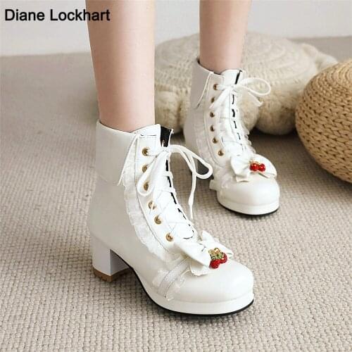 Sweet Girls Japanese Lolita Ankle Boots Women Cute Bow Princess Shoes Ladies Square Heel Lace-up Bow Uniform Colsplay Party
