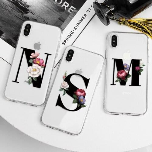 Fashion Flower Initial Letter TPU Phone Case For iPhone 12 Pro 13 Mini 11 Pro XR X XS Max 5 5S SE 2020 8 7 6 6S Plus Clear Coque