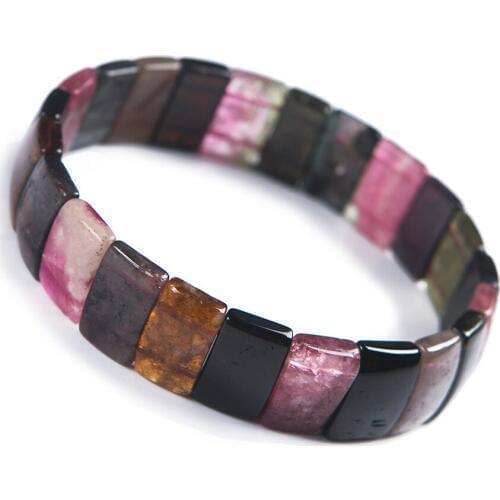 Genuine Natural Colorful Tourmaline Quartz Crystal Rectangle Bead Stretch Woman Bangle Bracelet