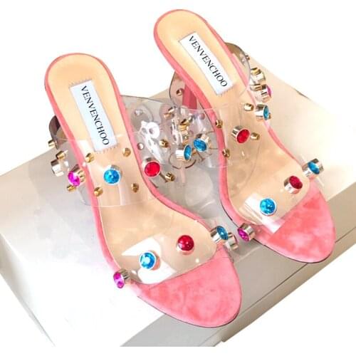 Charei choo 2021 new 10.5cm high heeled sandals,half slippers, 100% Australian magic crystal diamond buckle, satin soft upper
