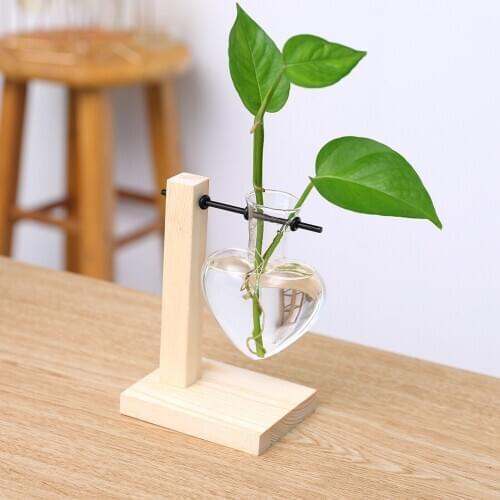 Transparent Glass Vase Wood Frame Wooden Desk Rack Frame Art Planter Terrarium Bonsai Table Ornaments Green Plant Hydroponics