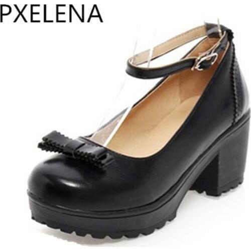 PXELENA 2018 Casual College Vintage Brogues Mary Janes Shoes Womens Round Toe Chunky Heel Bowtie Pumps Ankle Strap Shoes US4.5-8
