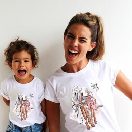 Family Matching Shirt Short Sleeve Cartoon Tops Mother Daughter Matching Clothes Family Look Baby Girl Clothes