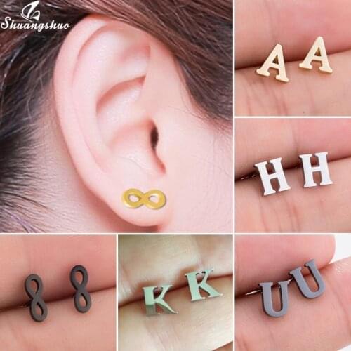 Shuangshuo Boho Punk Letter Infinity Stud Earrings for Women Mini Stainless Steel A-Z Alphabet Earrings Birth Gifts